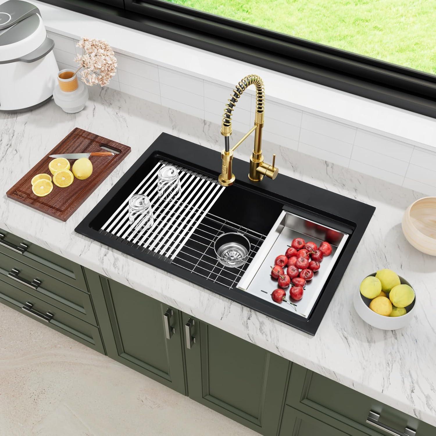 Davivy 33 Inch Black Granite Composite Kitchen Sink Workstation, 33 X 22 Quartz Composite Dual Mount Sink, Matte Black Composite Single Bowl Sink