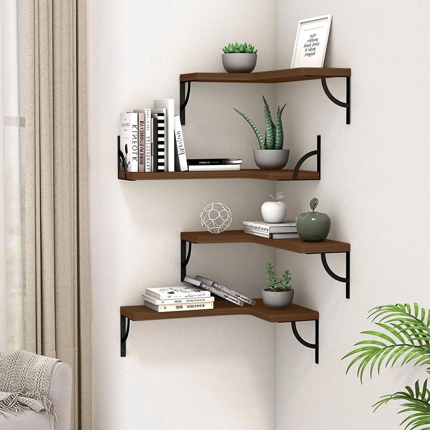 Small Modern Light Brown Floating Corner Wall Shelf Set