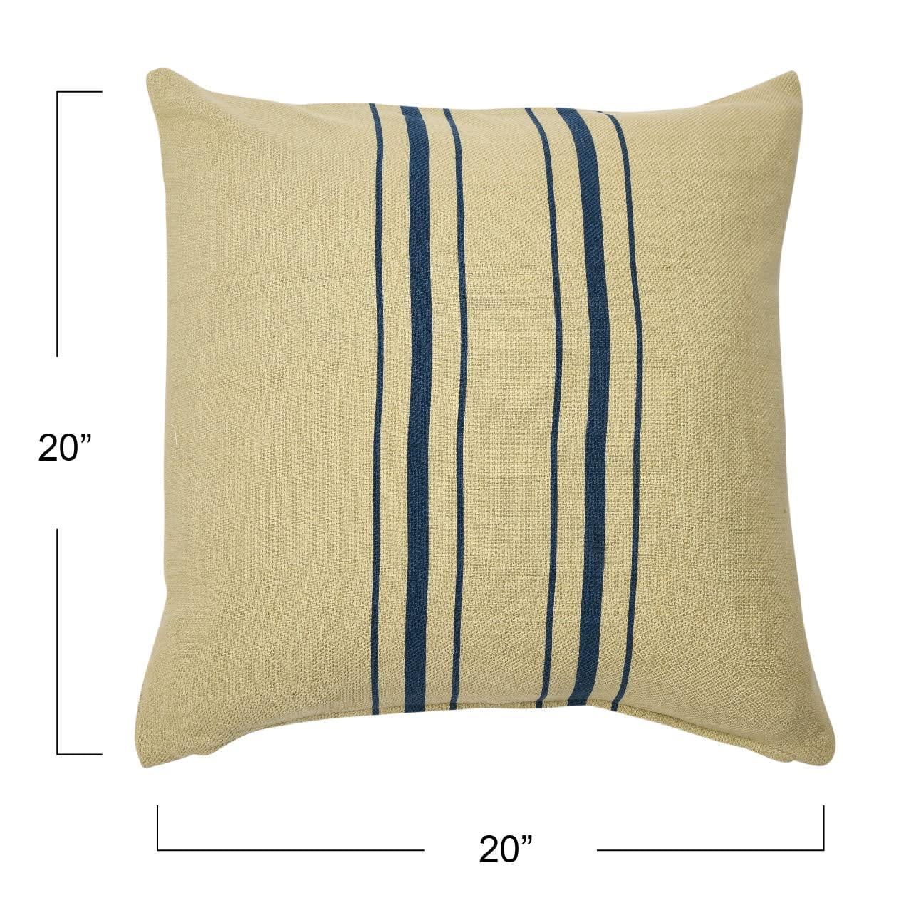 Natural Cotton Square Pillow Cover with Navy Stripes, 20" x 20"