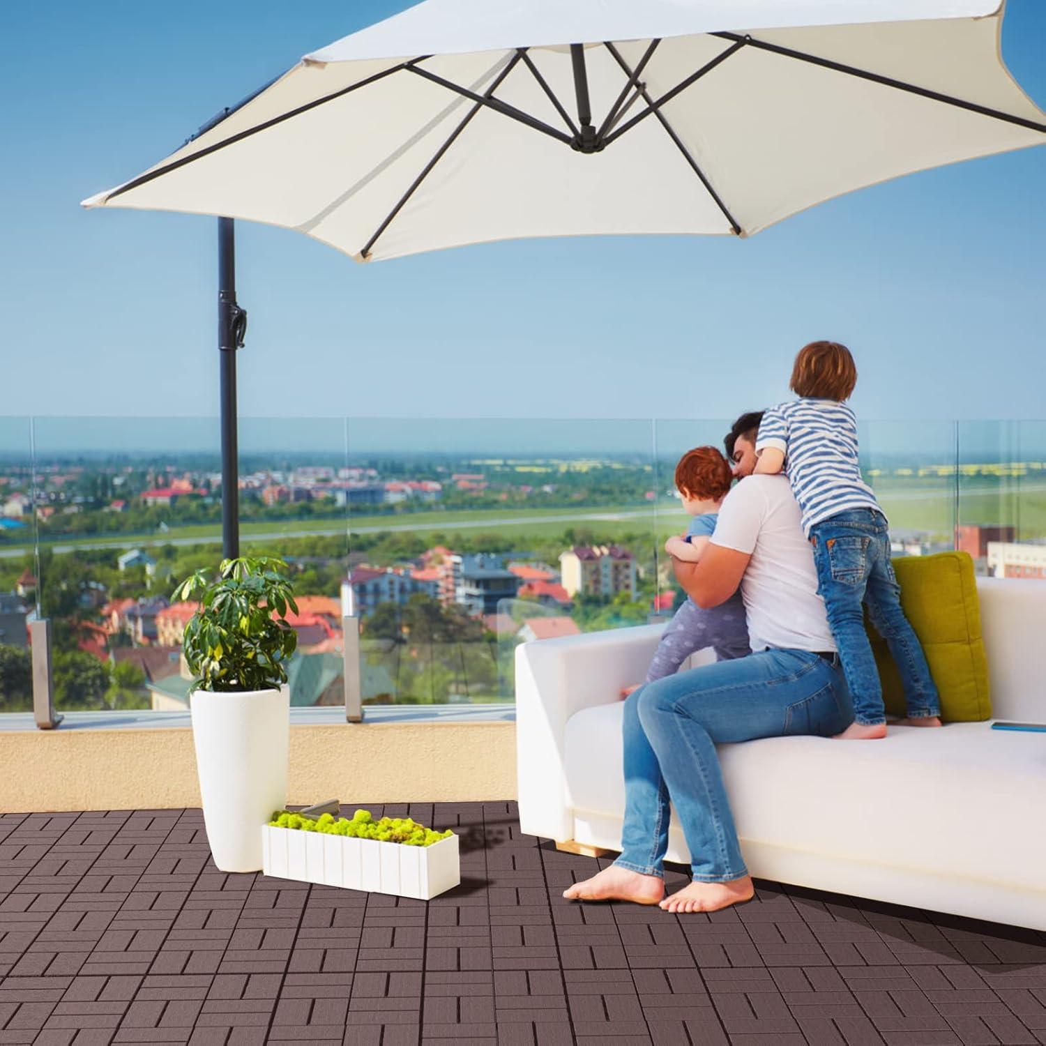 Goovilla Plastic Interlocking Deck Tiles, 27 Pack Outdoor Patio Flooring, 12"x12" Interlocking Decking Tile Outdoor All Weather Use, Waterproof Patio Pavers for Pool Balcony Backyard Porch, Dark Brown