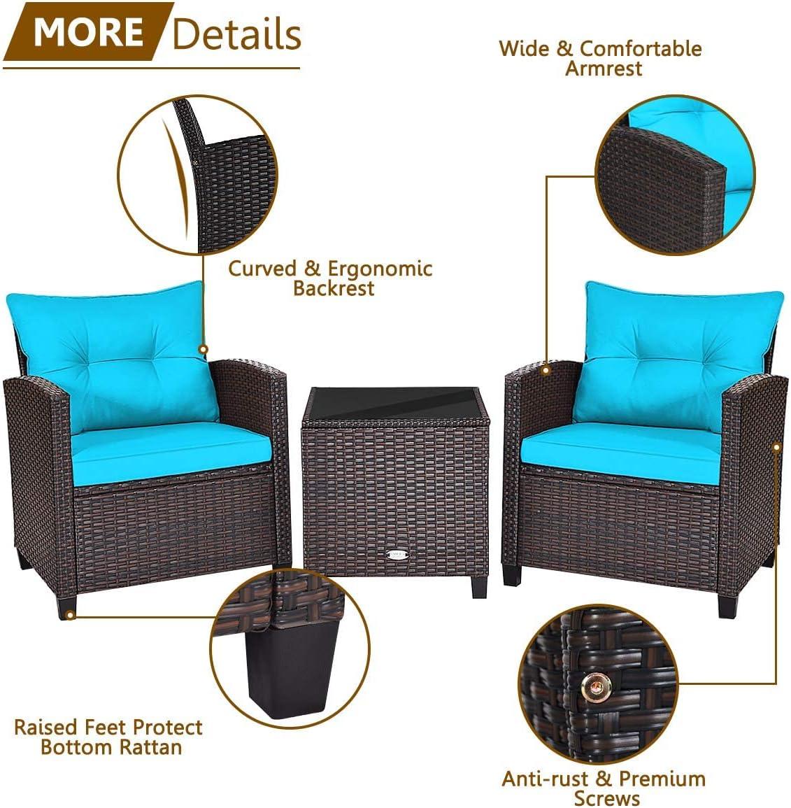 Giantex 3 Pieces Patio Furniture Set, PE Rattan Wicker 3 Pcs Outdoor Sofa Set w/Washable Cushion and Tempered Glass Tabletop, Conversation Furniture for Garden Poolside Balcony (Turquosize)