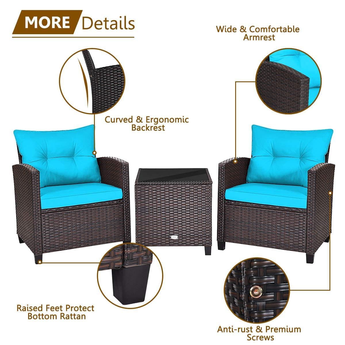 Giantex 3 Pieces Patio Furniture Set, PE Rattan Wicker 3 Pcs Outdoor Sofa Set w/Washable Cushion and Tempered Glass Tabletop, Conversation Furniture for Garden Poolside Balcony (Turquosize)