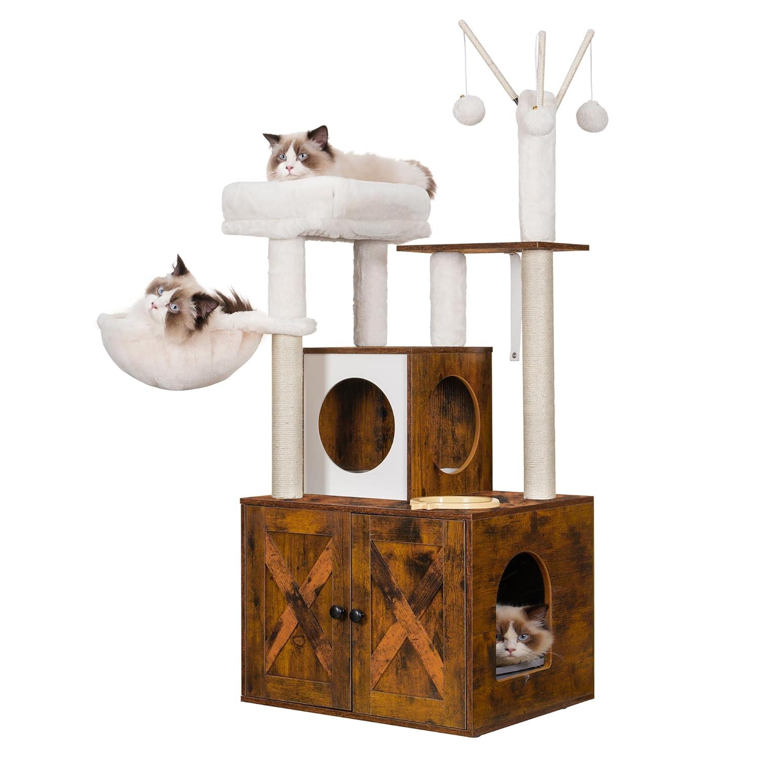 Wood Litter Box Enclosure with Food Station, All-in-one Indoor Cat Furniture with Large Platform and Condo