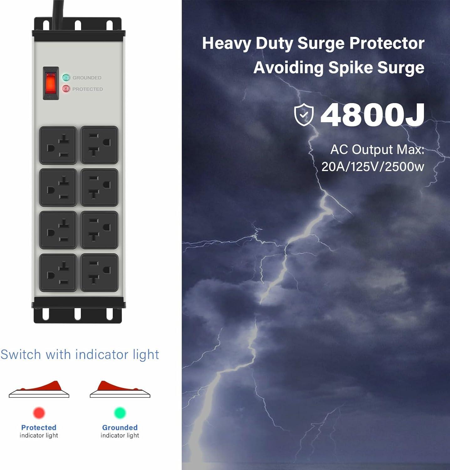 Heavy Duty Power Strip Surge Protector 20 AMP, 8 Outlets 12 Gauge Industrial Shop Garage Metal Multiple Outlets, 15 FT Extension Cord 5-15P Adapter High Amp 6-20R T-Slot 20a for Appliance