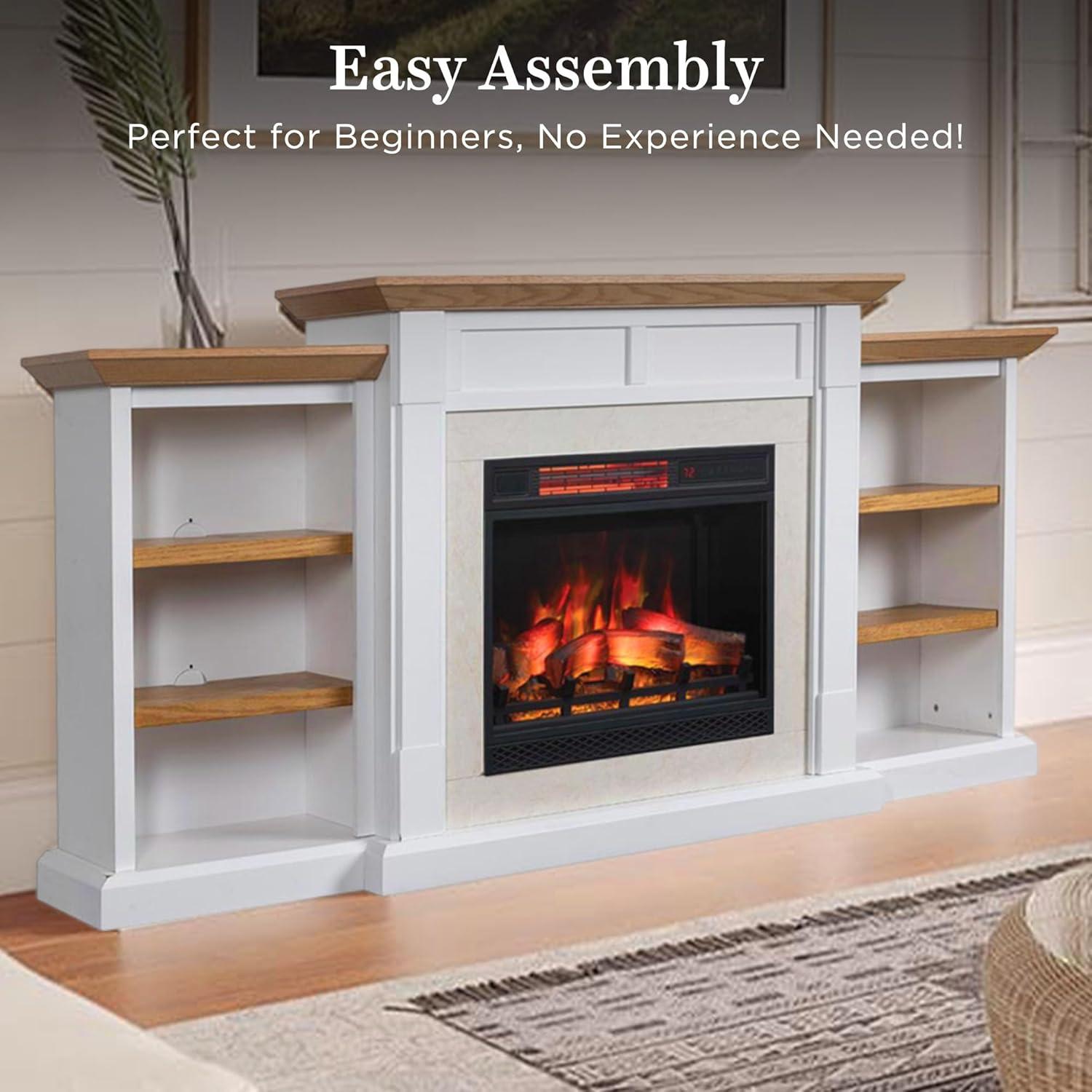 Country Living Belhaven 74 Inch Bookcase Mantel Package | 23 Inch Smart Electric Fireplace Insert Heater