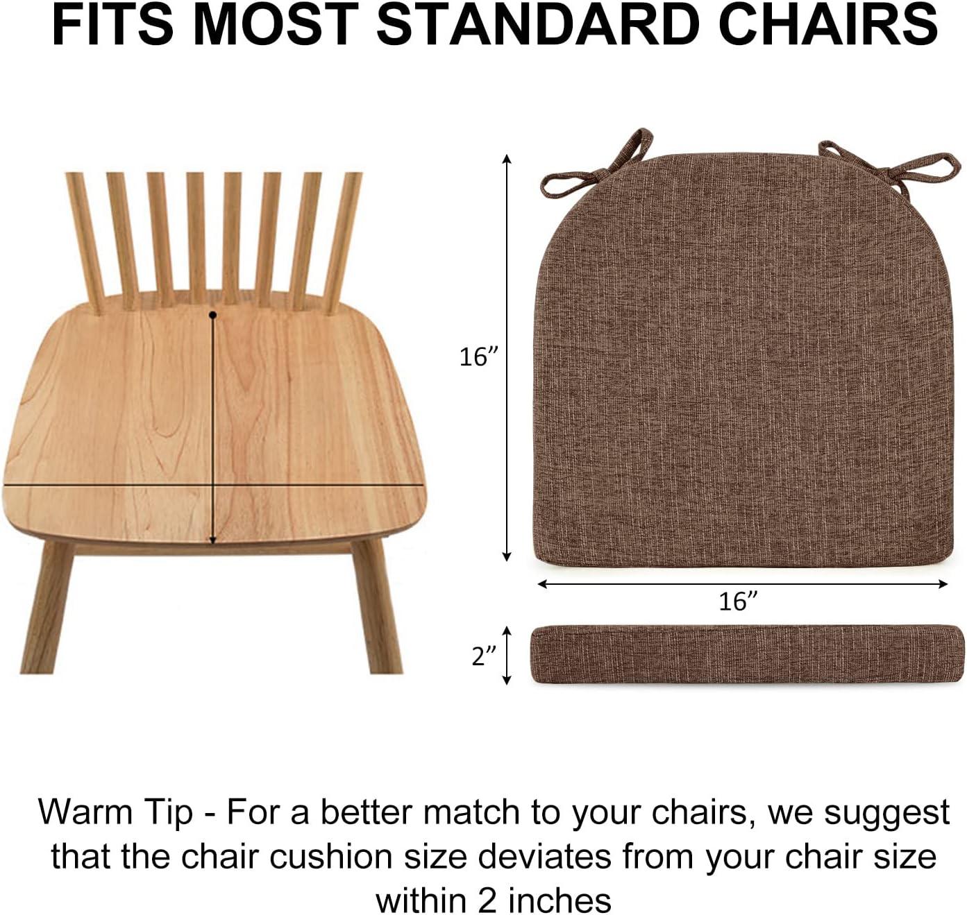 Chair Cushions for Dining Chairs 4 Pack - Kitchen Chair Cushions with Ties and Non-Slip Backing - Dining Chair Pads 16"X16"X2", Brown