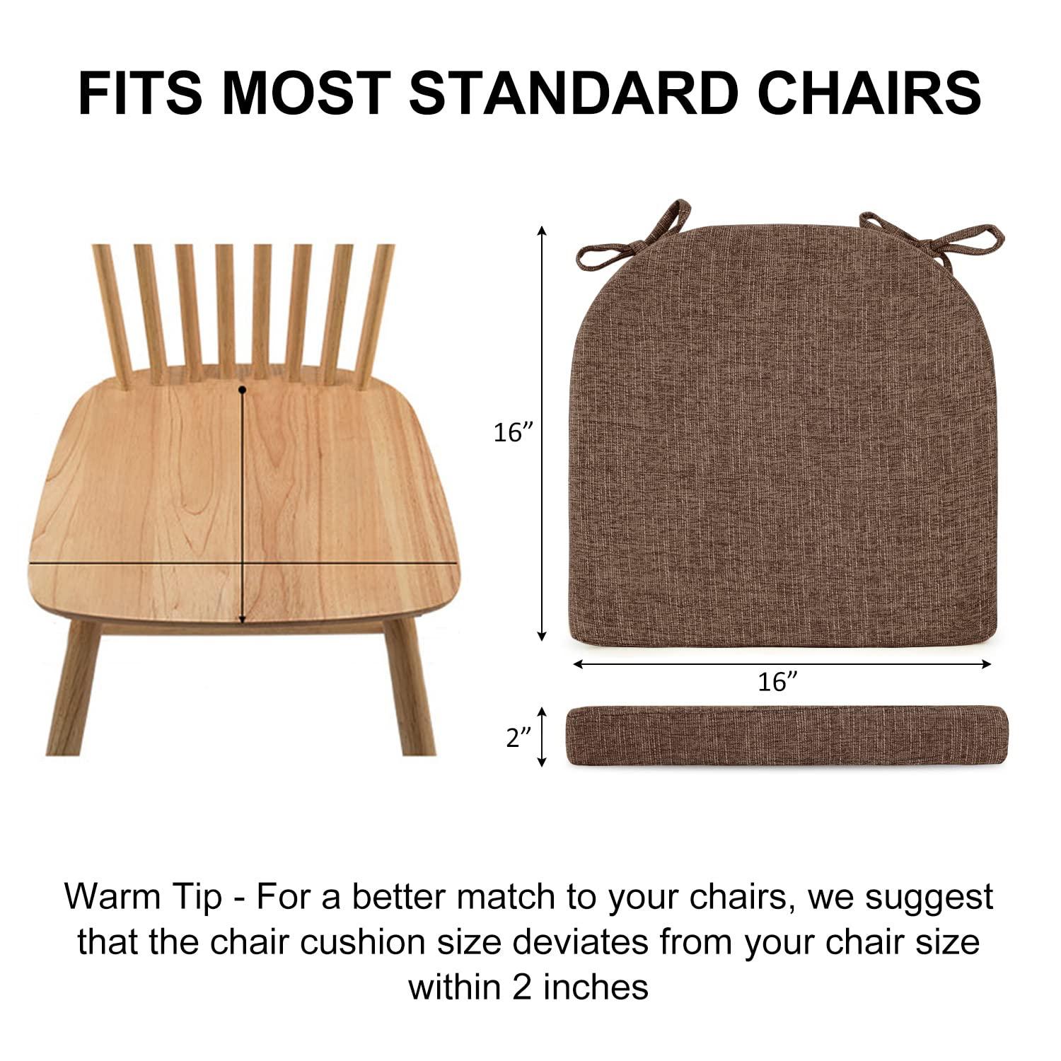 Chair Cushions for Dining Chairs 4 Pack - Kitchen Chair Cushions with Ties and Non-Slip Backing - Dining Chair Pads 16"X16"X2", Brown