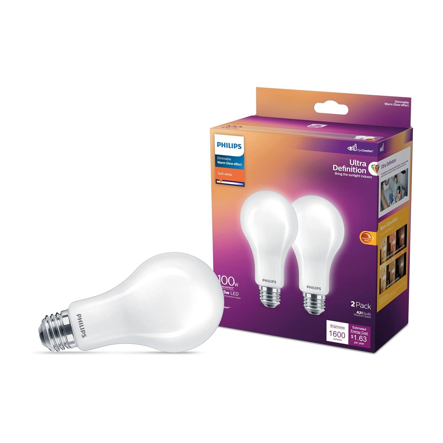 Philips Ultra Definition LED 100-Watt A21 Light Bulb, Frosted Soft White, Dimmable, E26 Medium Base (2-Pack)