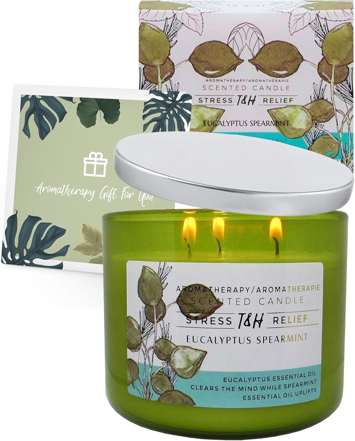 T&H Wholesalers Eucalyptus Spearmint Scented Soy Candle 3 Wick Aromatherapy Candle for Women and Men