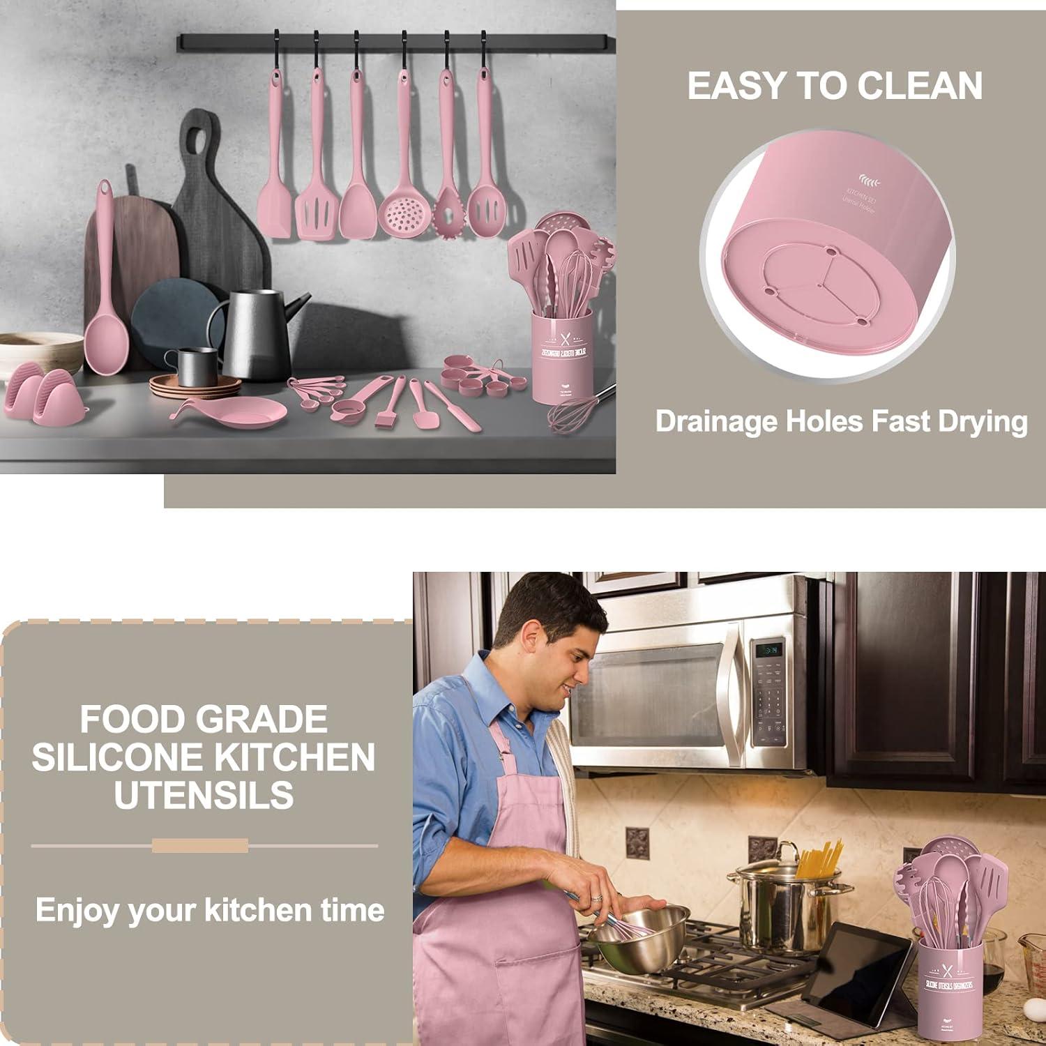 shuoli Silicone Cooking Kitchen Utensil Set, 43 Pcs Pink Cooking Utensils Set, Turner, Tongs, Spoon, Spatula, Kitchen Gadgets Tools Set For Nonstick Cookware, Heat Resistant (Dishwasher, BPA Free)