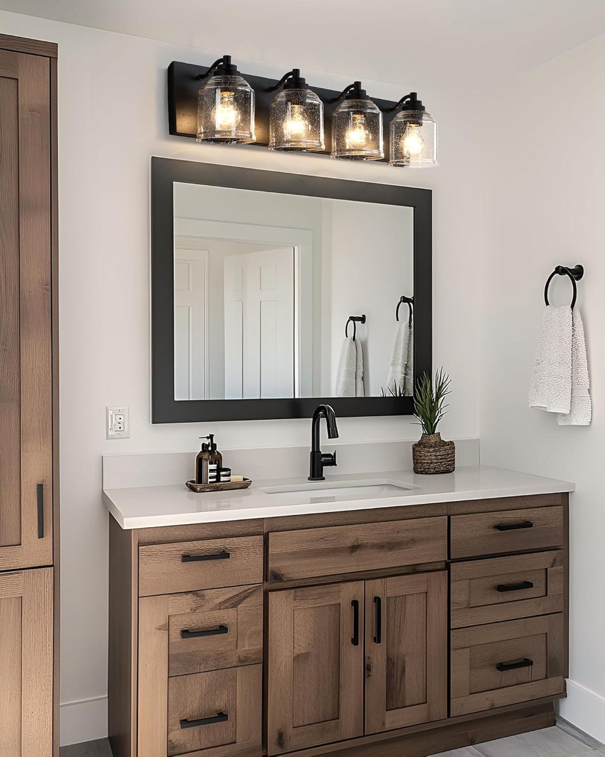 Vanity Lights for Bathroom Large 23", Farmhouse Rustic Vanity Light with Bubble Glass Shades, Black 3 Light Bathroom Lighting Fixtures Over Mirror, Bath Wall Sconce Home Decor