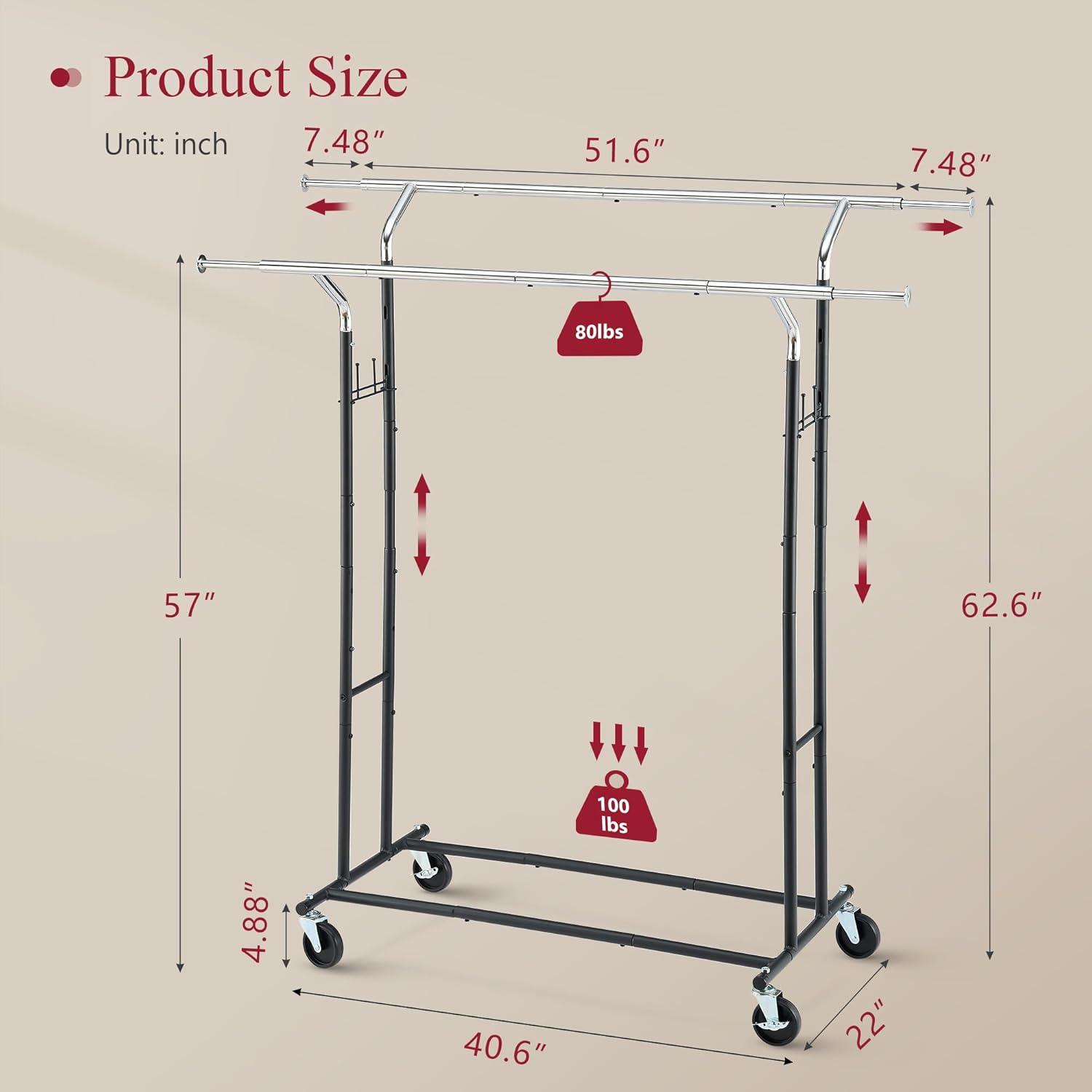 Clothes Rack Heavy Duty Rolling Garment Rack with Wheels and Extendable Double Rods, Collapsible Clothing Racks For Hanging Clothes, Adjustable Commercial Clothes Rack with Shelf, Black&Chrome