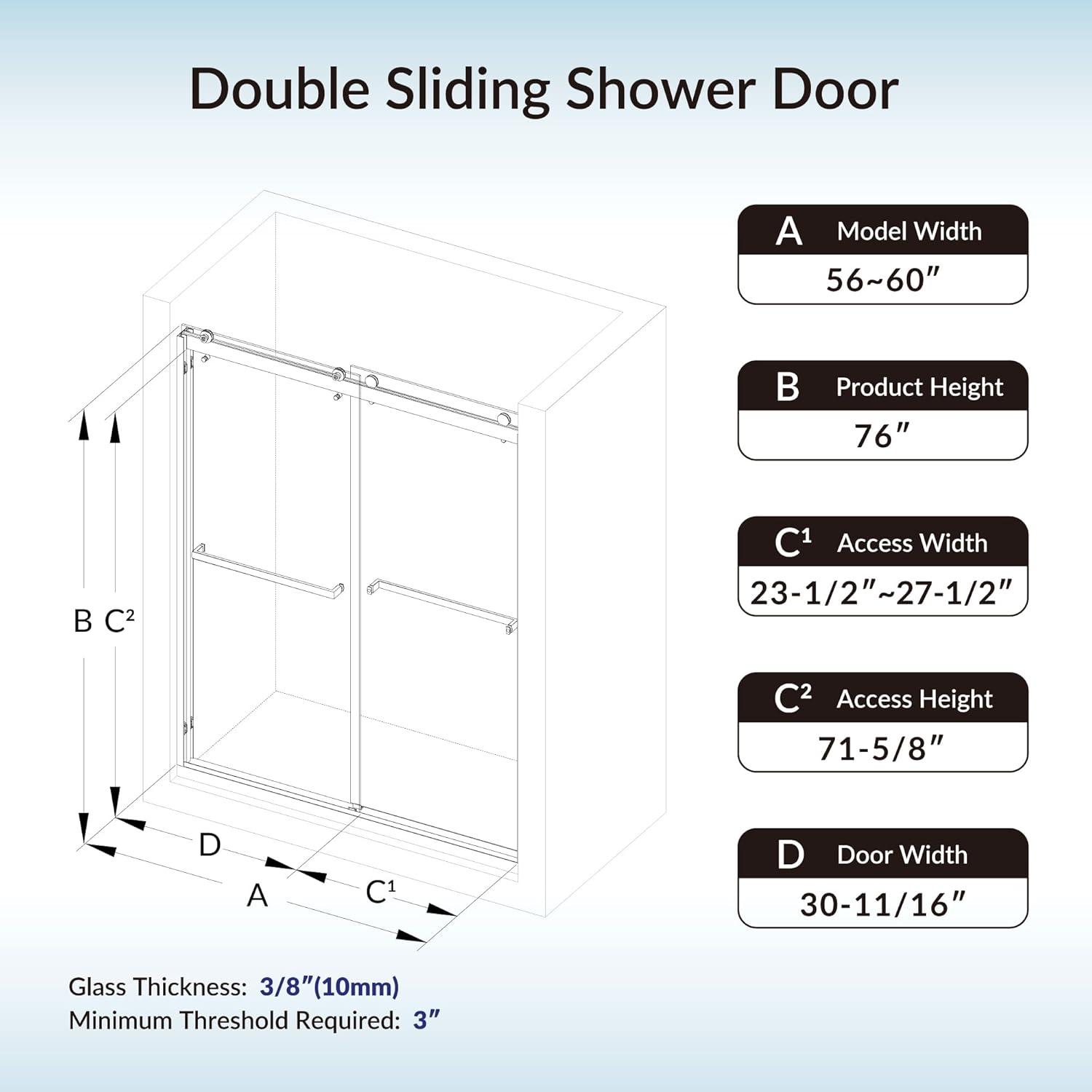 WoodBridge 56-60x76" Double Sliding Shower Door with 3/8" Thickened Upgrade Tempered Glass | Stainless Steel Hardware | Safe, Explosion-Resistant, Clear & Stylish, Sturdy & Durable  SDD6076-B