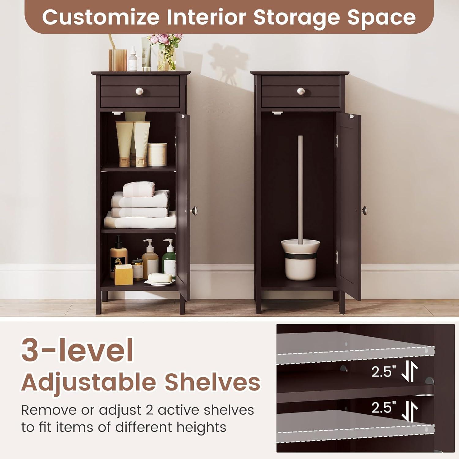 Bathroom Floor Cabinet, Standing Cabinet with Drawer and Doors, Storage Cabinet with 2 Adjustable Shelves, Brown
