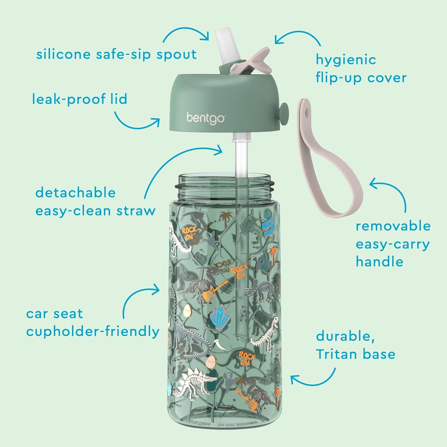 Bentgo® Kids Water Bottle 2-Pack - New, Improved 2023 Leak-Proof BPA-Free 15 oz Cups for Toddlers & Children - Flip-Up Safe-Sip Straw for School, Sports, Daycare, Camp (Dinosaur/Dino Fossils)