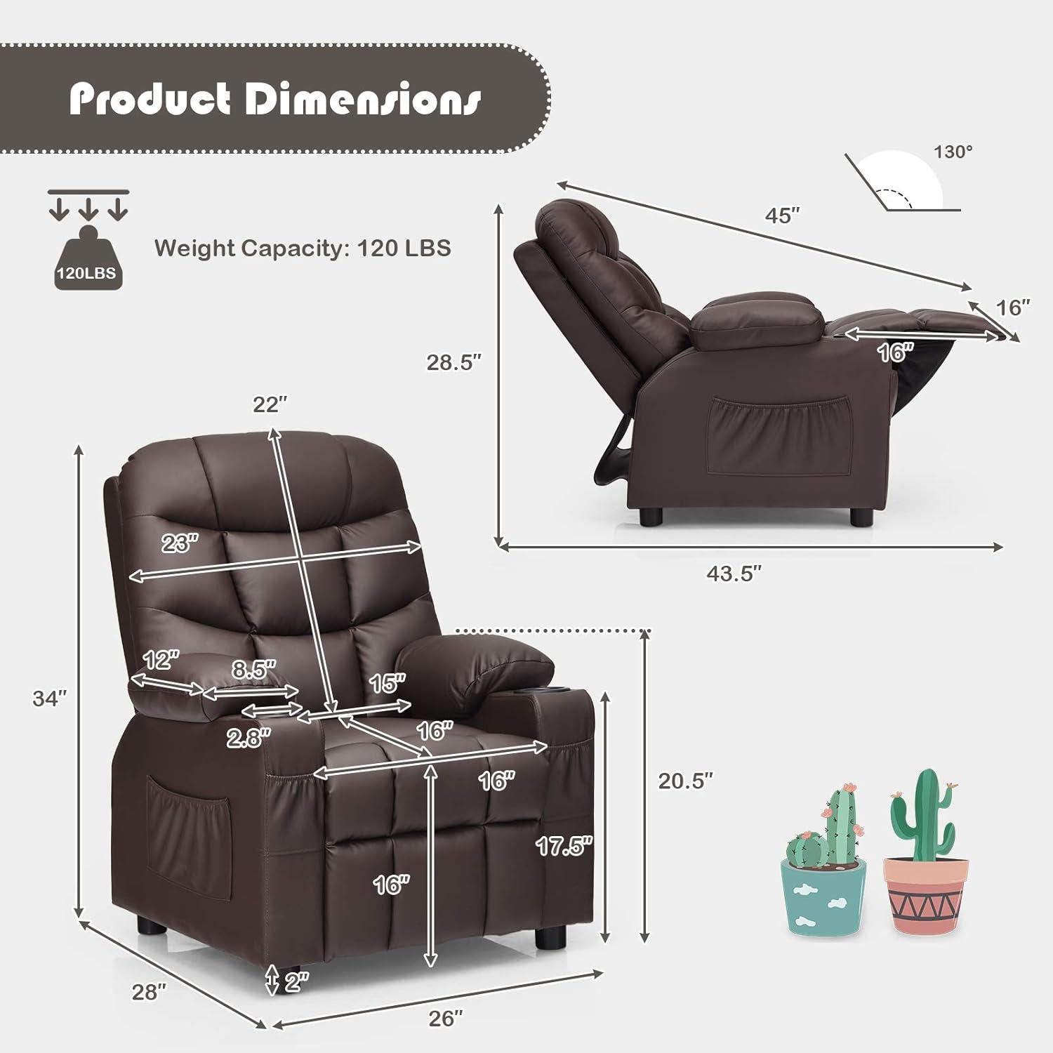 Brown Faux Leather Kids Recliner with Wood Frame