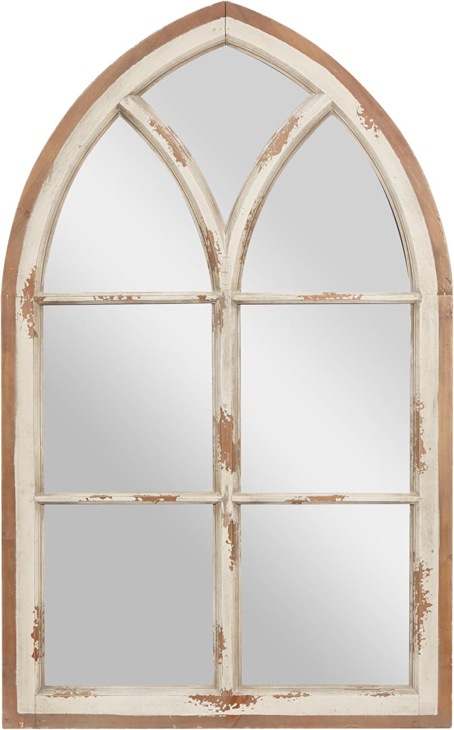 Wood Window Panes Inspired Wall Mirror with Arched Top and Distressing White/Brown - Olivia & May: Cathedral Style, Antiqued Finish