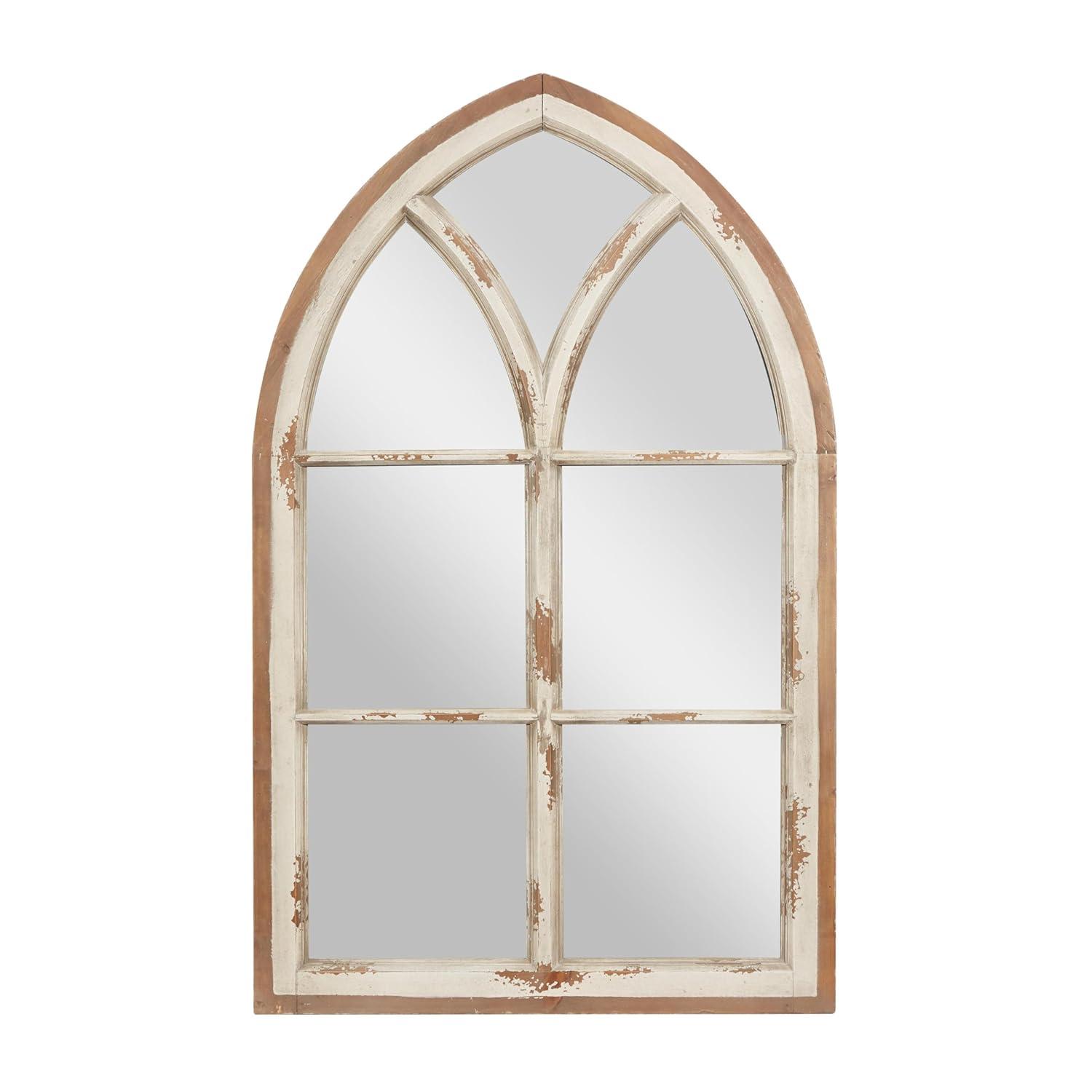 Wood Window Panes Inspired Wall Mirror with Arched Top and Distressing White/Brown - Olivia & May: Cathedral Style, Antiqued Finish