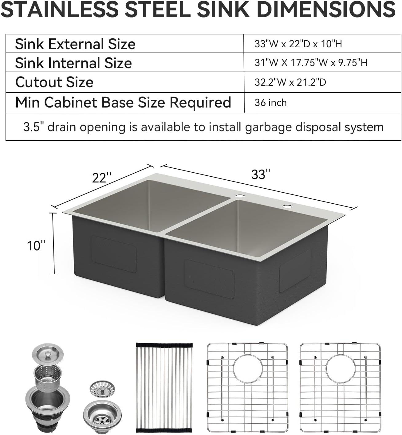 33" Brushed Nickel Double Bowl Stainless Steel Farmhouse Sink