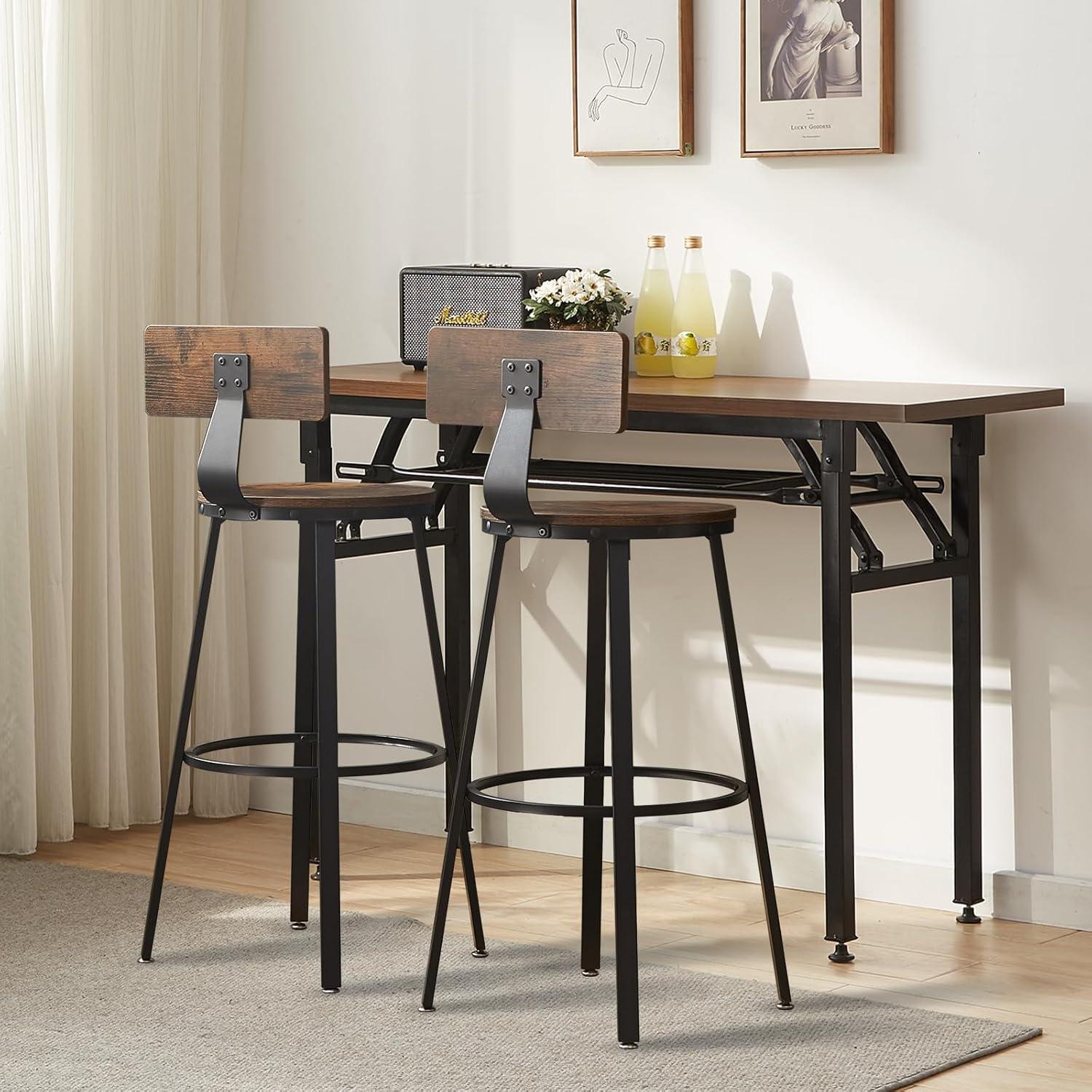 VEVOR Rustic Bar Stools, 25.6” Tall Rectangle Seat, Set of 2 Bar Chairs with Footrest Steel Frame Adjustable Feet, Wooden Industrial Kitchen Stool for Kitchen Dining Living Room, Rustic Brown