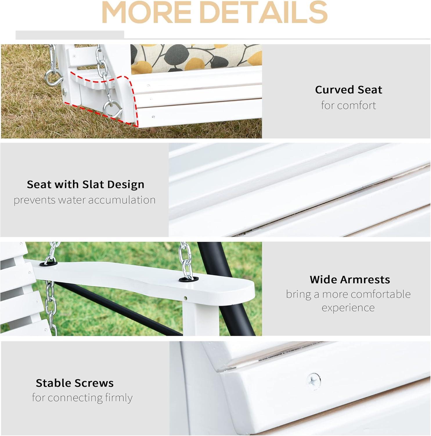 Outsunny 3-Seater Wooden Porch Swing, Patio Swing Bench with Folding Coffee Table, Cup Holders and Chains Included, 440lbs Weight Capacity, White