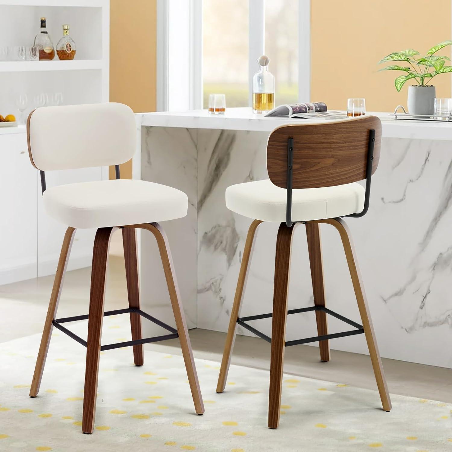 Lucky Monet 26"/29" Swivel Bar Stools/ Counter Stools with Bentwood Legs Set of 2 - Cream White-PU Back - Bar Height
