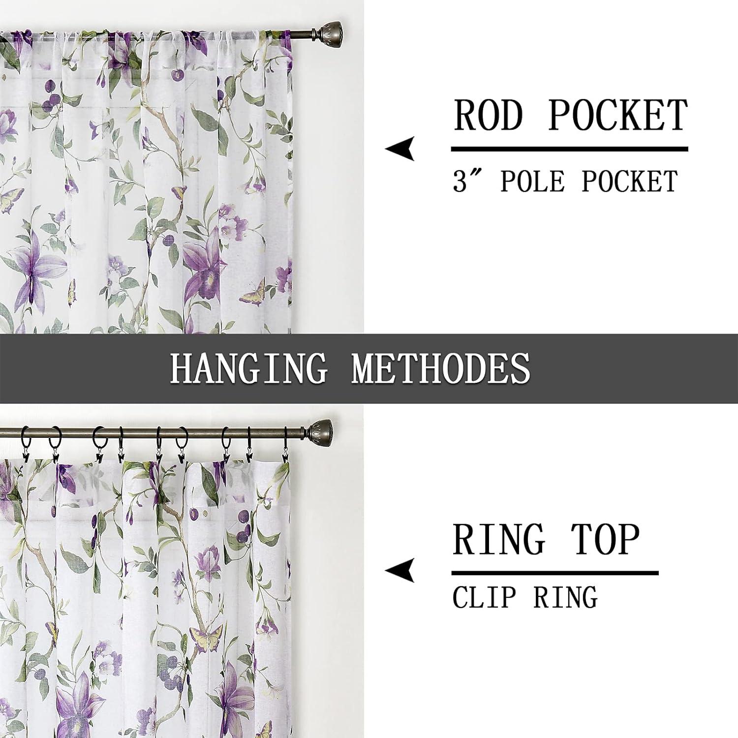 Tollpiz Floral Sheer Curtains Purple Cherry Flower Butterfly Print Living Room Curtain Rod Pocket Voile Linen Look White Sheer Curtains for Bedroom, 54 x 63 inches Long, Set of 2 Panels