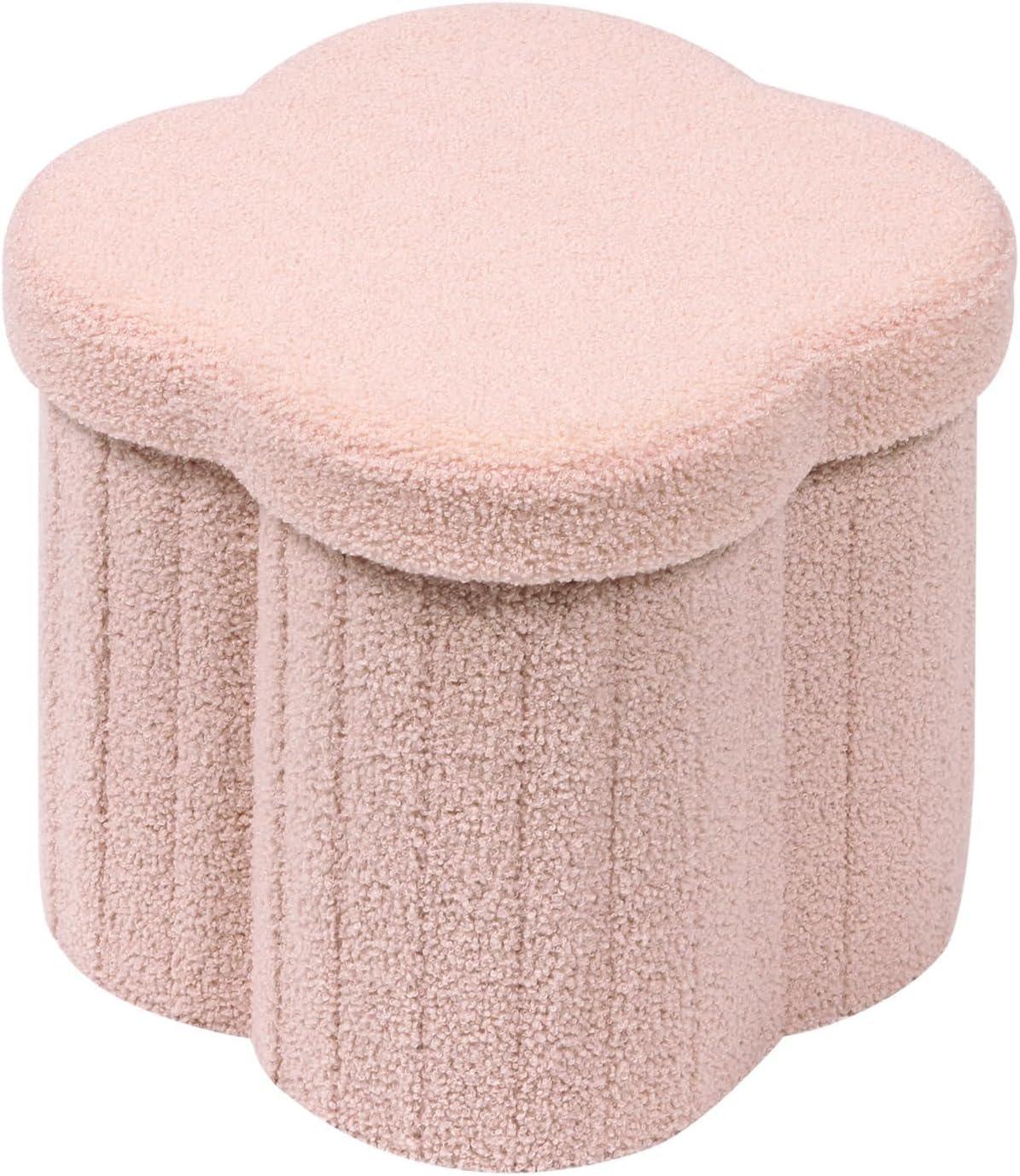 PINPLUS 12.6" Storage Ottoman,Toy Chest Box，Folding Footrest Stool Seat,Flower Shape,Sherpa Fabric,Pink