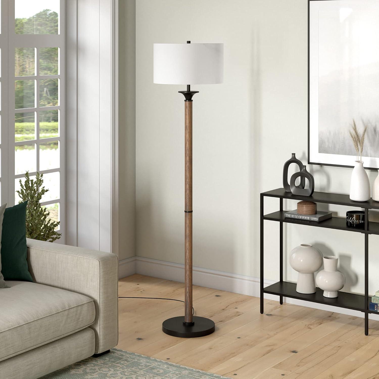 Rustic Oak & Blackened Bronze 66" Modern Floor Lamp with Linen Shade