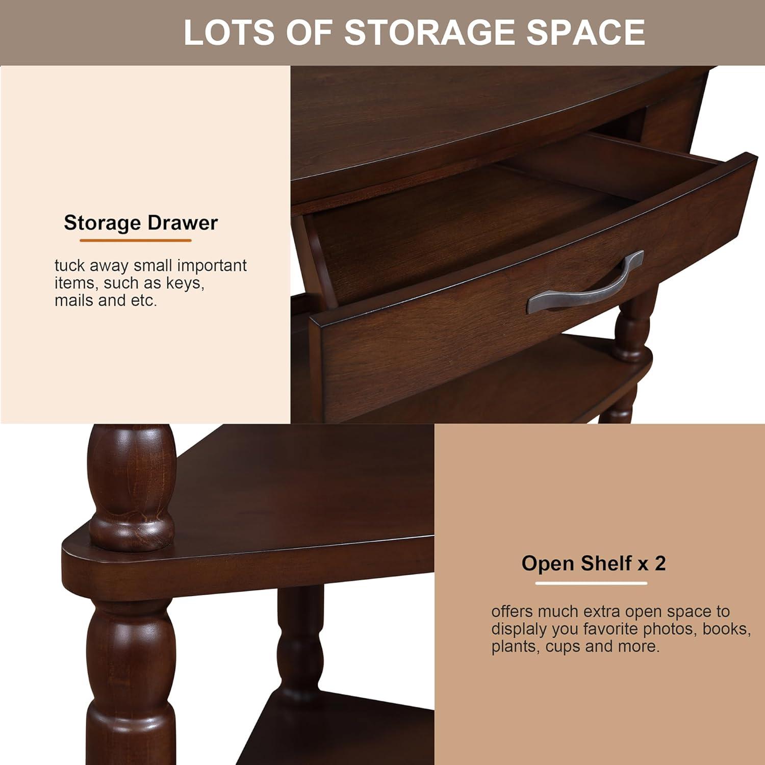 Light Espresso Triangular Wood Corner Table with Drawer and Shelves