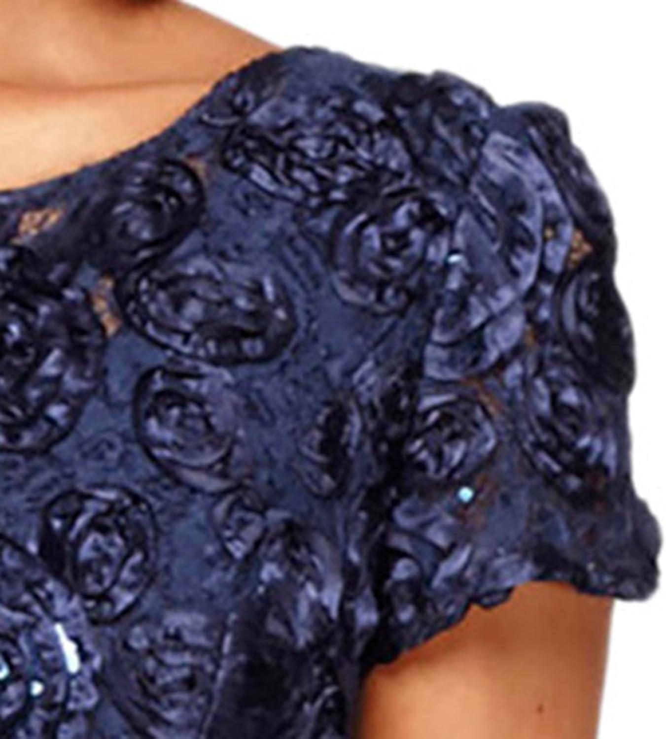 Navy Floral Lace Sequin Maxi Dress with Short Sleeves