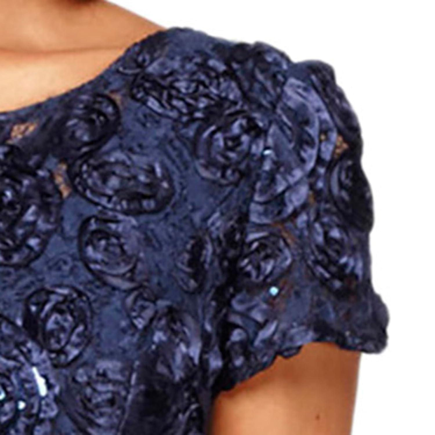 Navy Floral Lace Sequin Maxi Dress with Short Sleeves