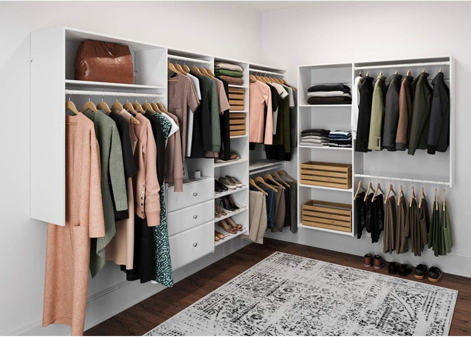 White Wall-Mounted L-Shaped Closet System with Drawers