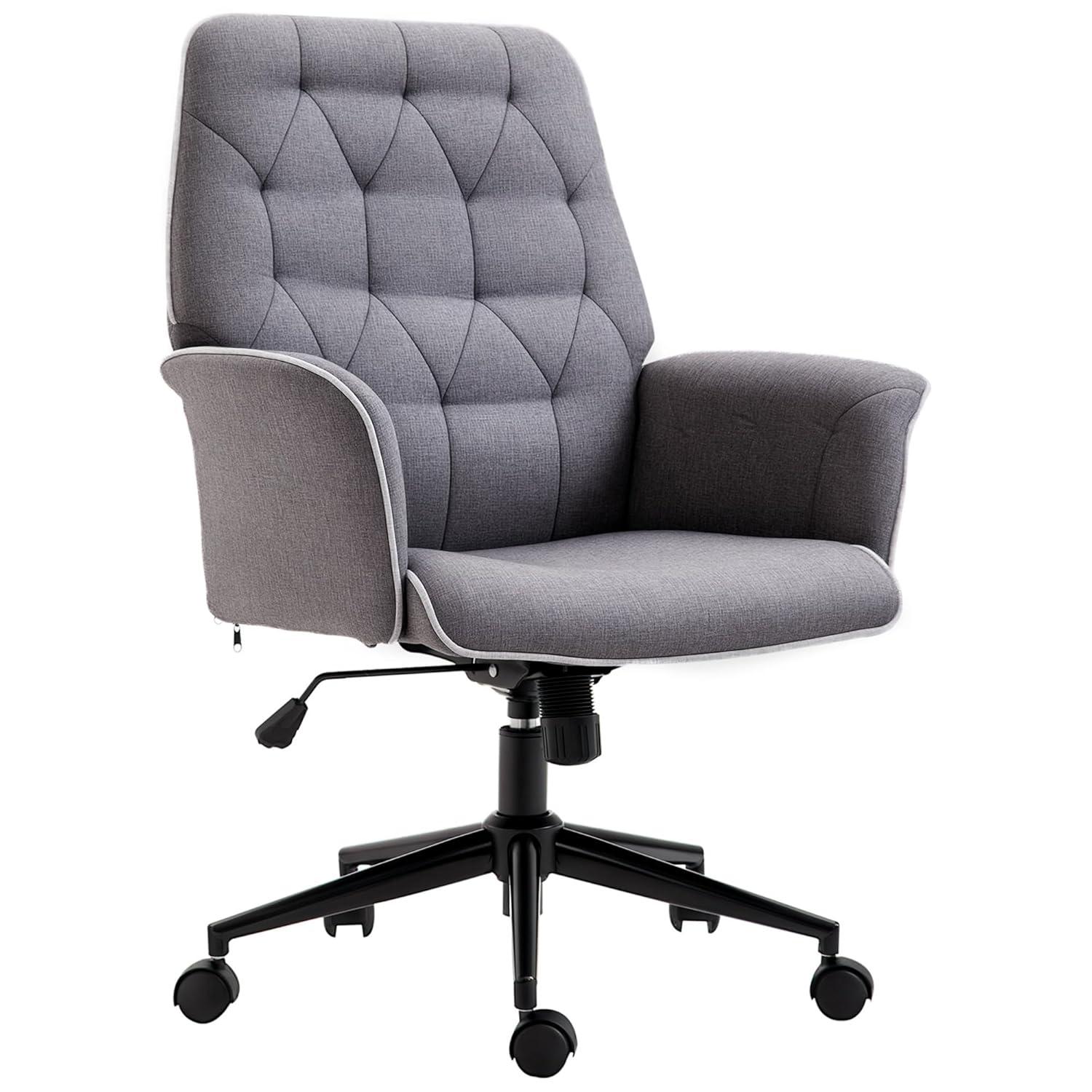 Vinsetto Modern Mid-Back Tufted Linen Home Office Desk Chair with Arms, Swivel Adjustable Task Chair, Upholstery Accent Chair with Soft Seat, Gray