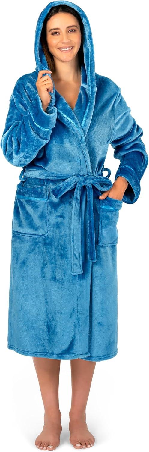 PAVILIA Fleece Robe For Women, Plush Warm Bathrobe, Fluffy Soft Spa Long Lightweight Fuzzy Cozy, Satin Trim (With Hood - Sea Blue, Large-X-Large)