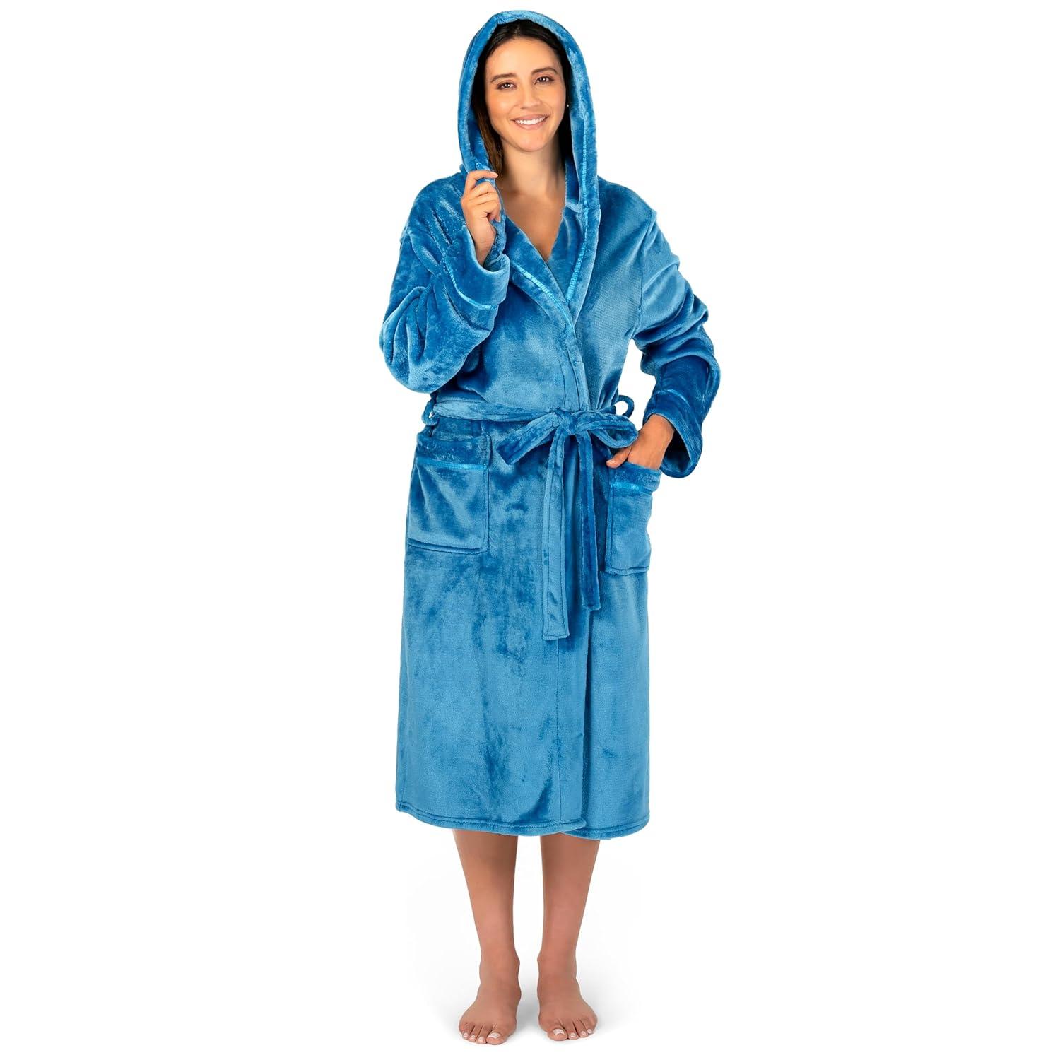 PAVILIA Fleece Robe For Women, Plush Warm Bathrobe, Fluffy Soft Spa Long Lightweight Fuzzy Cozy, Satin Trim (With Hood - Sea Blue, Large-X-Large)