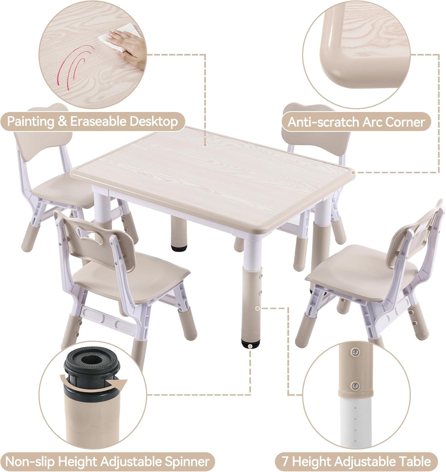 Height-Adjustable Kids Table and 4 Chairs Set, Toddler Table and Chair Set with Graffiti Desktop, 31.5''L x 23.6''W Children Activity Table for Daycare, Classroom, Home