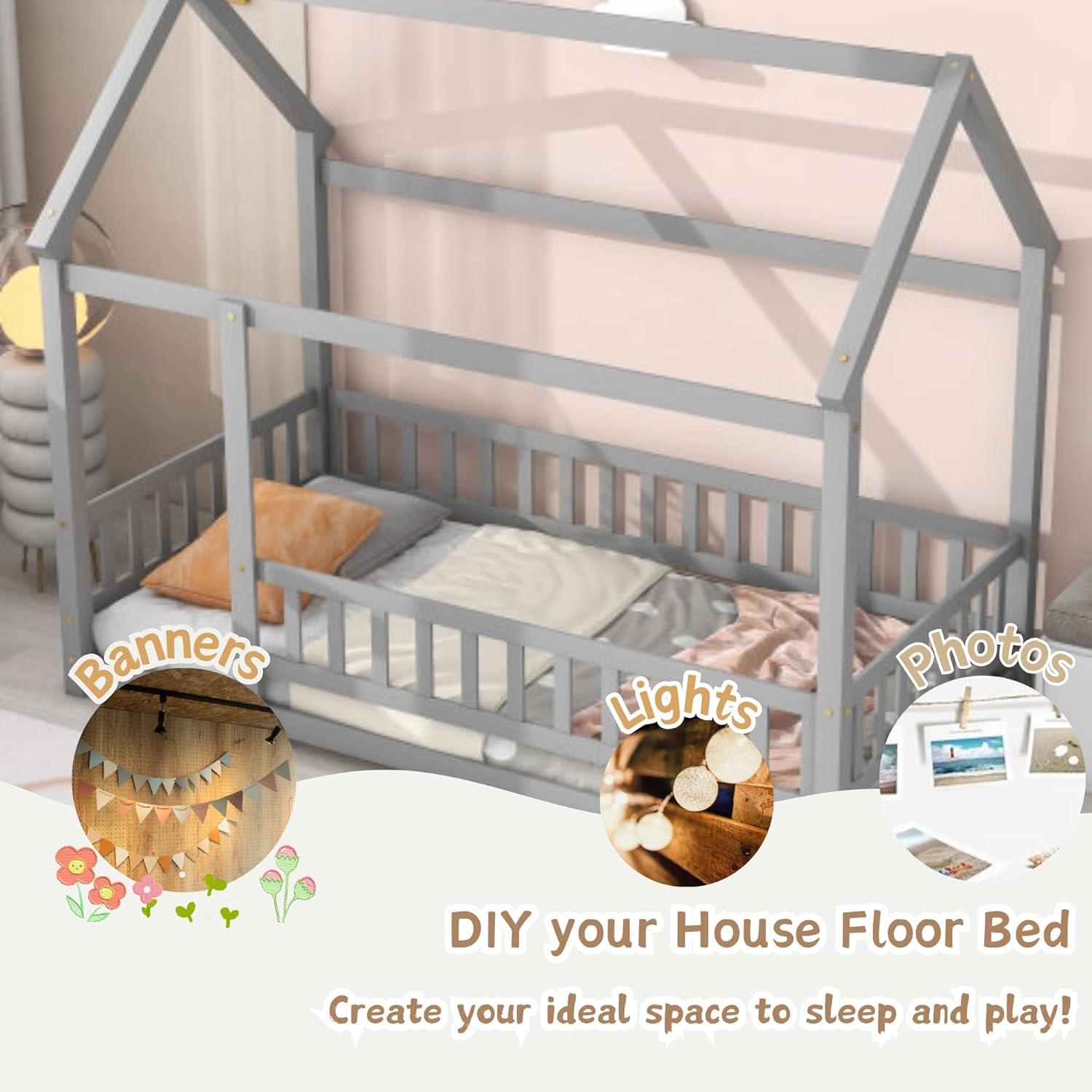 Twin Floor Bed for Kids, Wooden House Bed Frame with Roof, Fence Guardrails, Montessori Bed for Toddlers Girls Boys, Gray