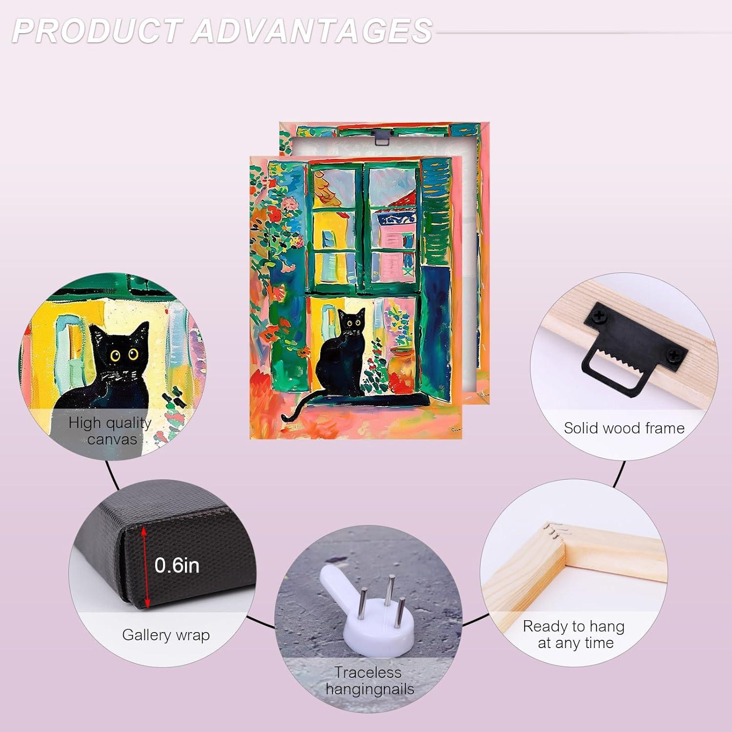 Henri Matisse Oil Paintings on Canvas Wall Art Matisse Famous Open Window Black Cat Poster Funny Cat Floral Print Colorful Farmhouse Gallery Aesthetic Room Decor for Bedroom Bathroom 12x16in Unframed