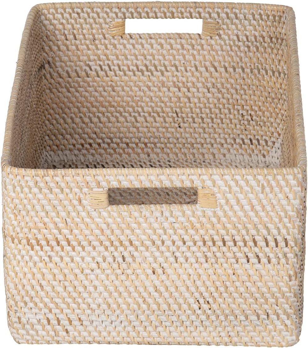Kouboo Loma Rectangular Decorative Rattan Storage Basket With Handles, Coastal-Inspired Handwoven, Home Organization, Black Antique, Latte