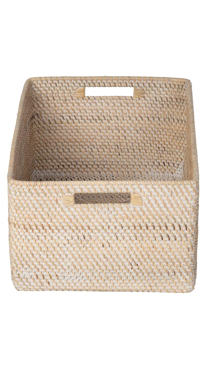 Kouboo Loma Rectangular Decorative Rattan Storage Basket With Handles, Coastal-Inspired Handwoven, Home Organization, Black Antique, Latte