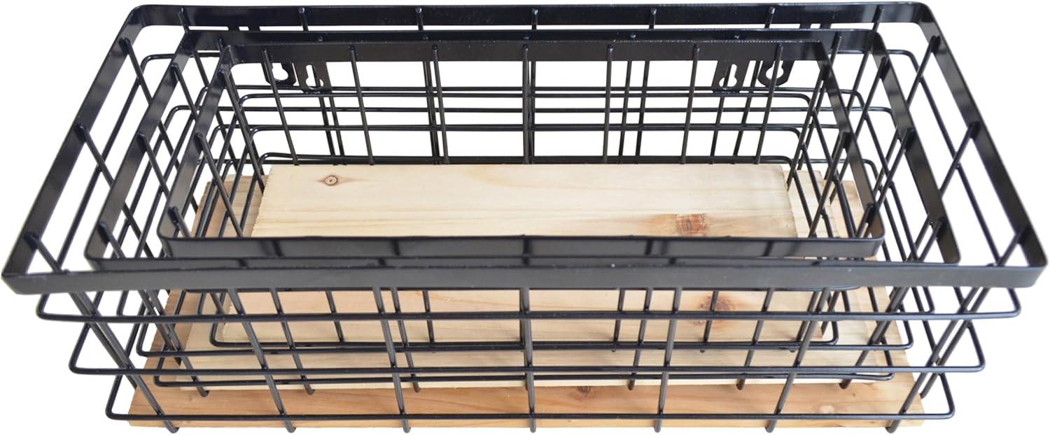 Metal Wire Basket Detachable Wood Base Storage Organizer Farmhouse Small Bins for Kitchen Cabinets, Bathroom, Pantry, Laundry Room, Closets Set of 2,Black Color
