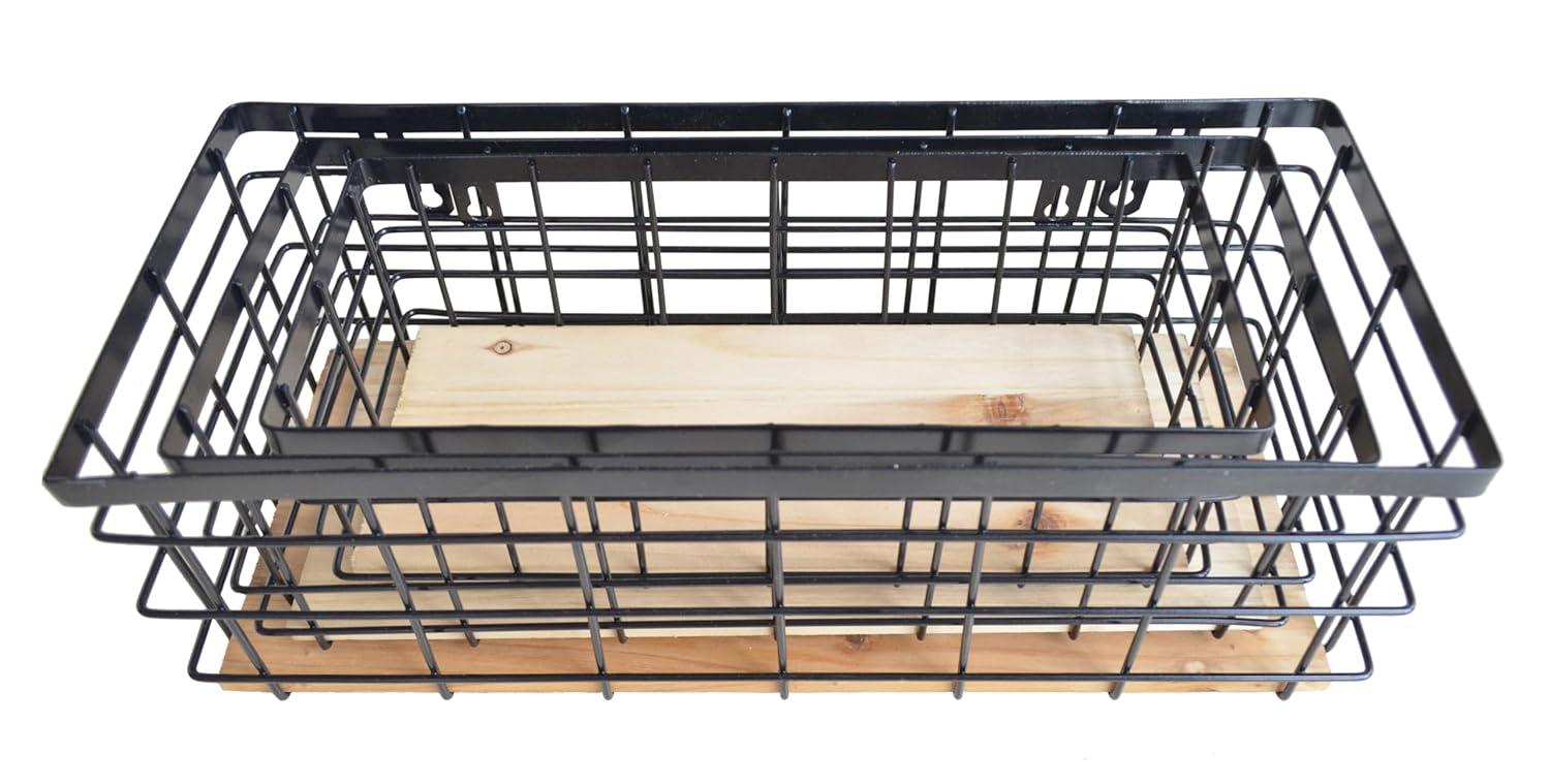 Metal Wire Basket Detachable Wood Base Storage Organizer Farmhouse Small Bins for Kitchen Cabinets, Bathroom, Pantry, Laundry Room, Closets Set of 2,Black Color