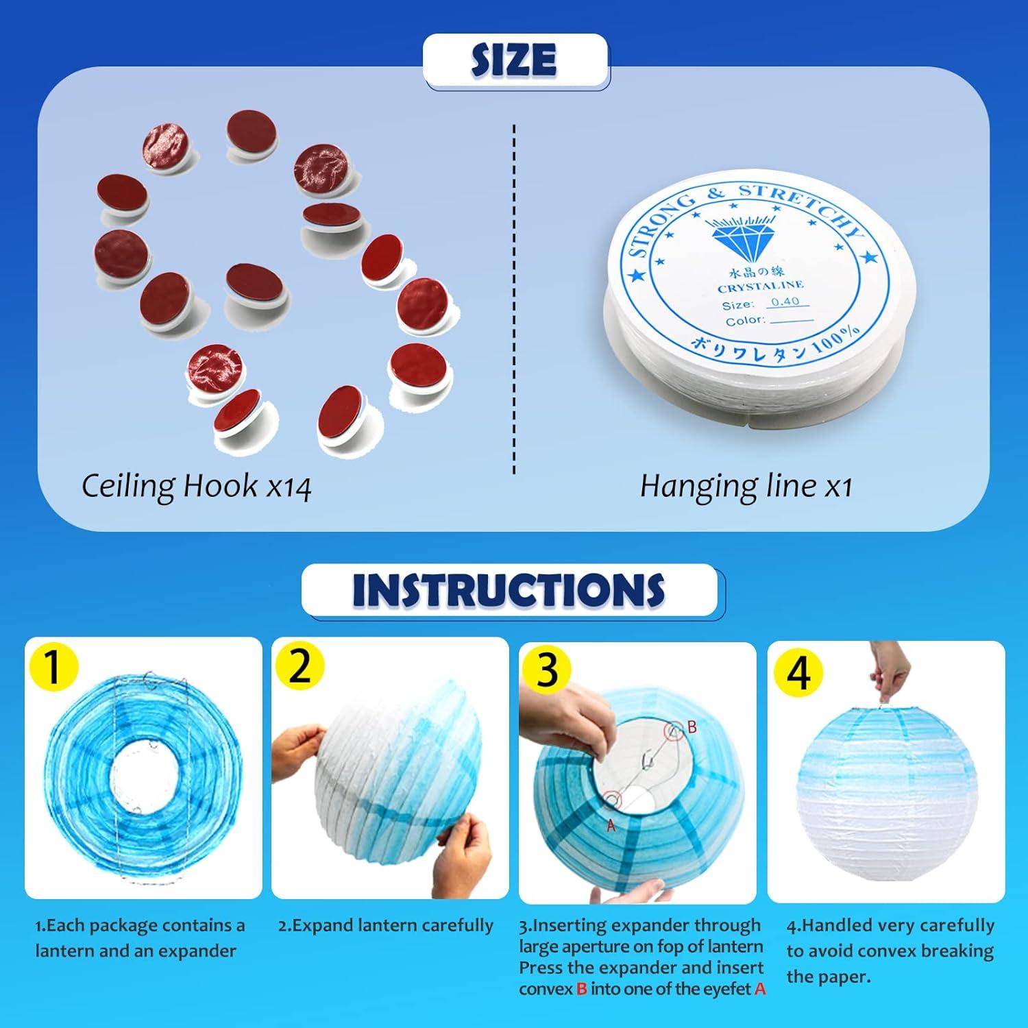 14 PCS Paper Lanterns, Gradient Colorful Blue Round Paper Lanterns Decorative Lantern Lamps, Hanging Paper Lanterns Chinese Tissue Paper Lanterns Indoor Room & Outdoor Party Supplies Decoration