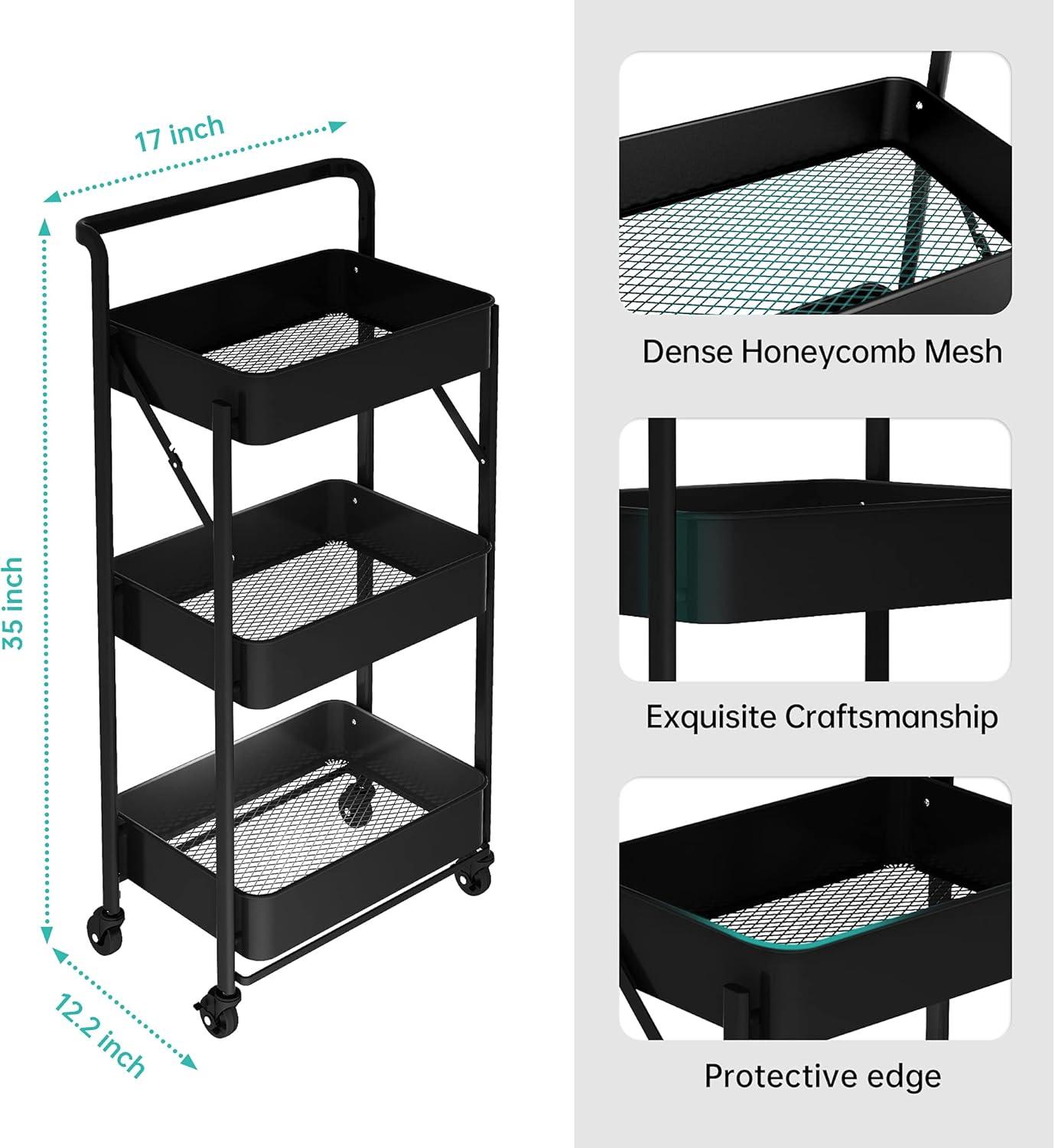 3-Tier Metal Mobile Cart, Foldable, Locking Wheels for Utility, Craft, Storage, Organization, Black