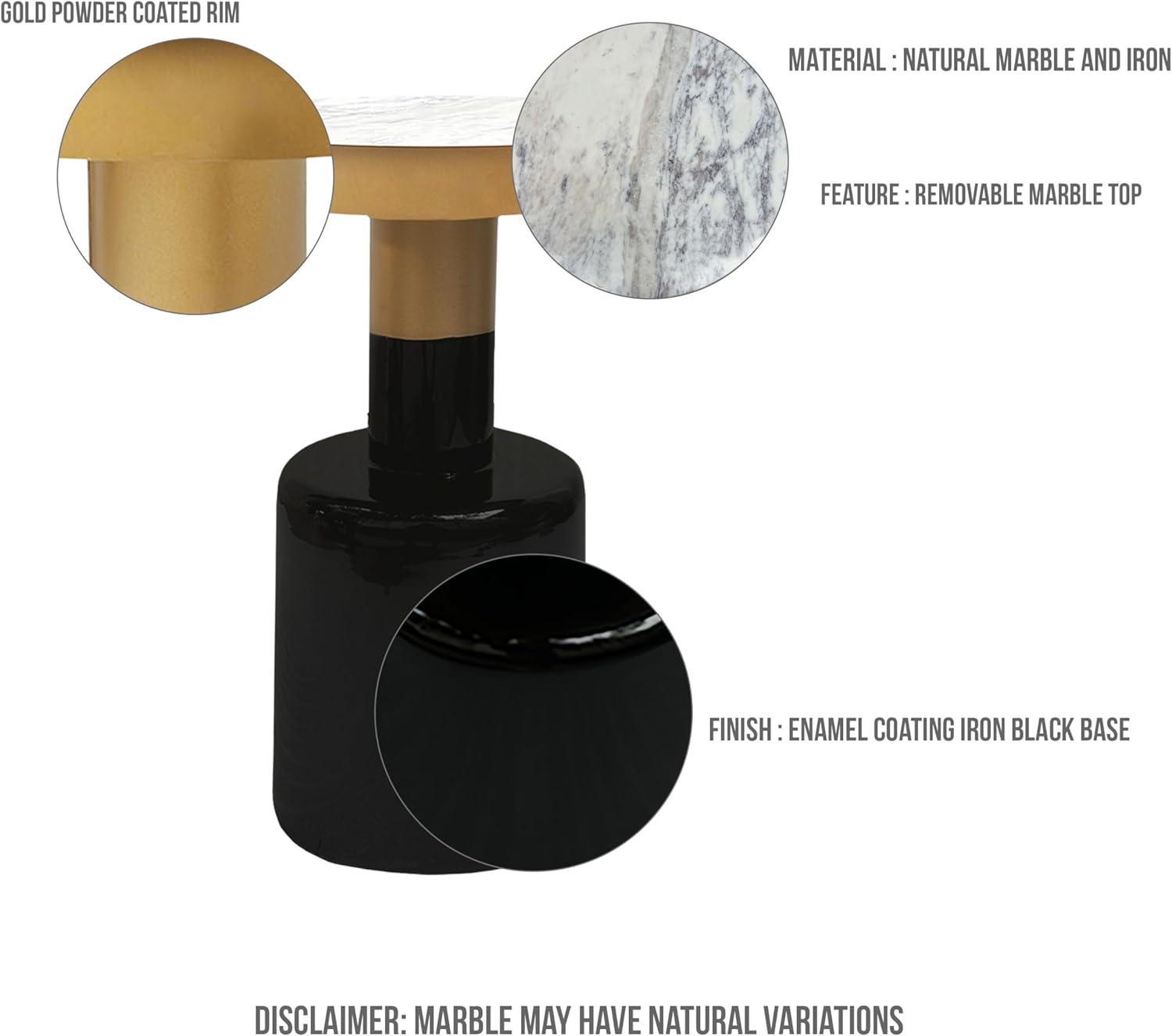 The Urban Port 20" Round Side End Table Gold Banded Natural White Marble Top Black Enamel Coated Iron Pedestal Base White/Gold