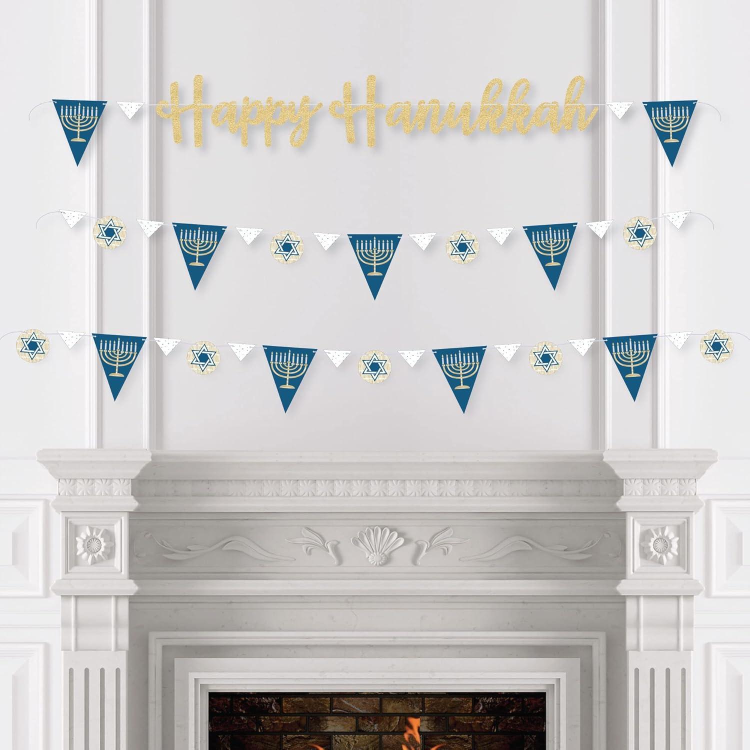 Big Dot of Happiness Happy Hanukkah - Chanukah Letter Banner Decoration - 36 Banner Cutouts & No-Mess Real Gold Glitter Happy Hanukkah Banner Letters