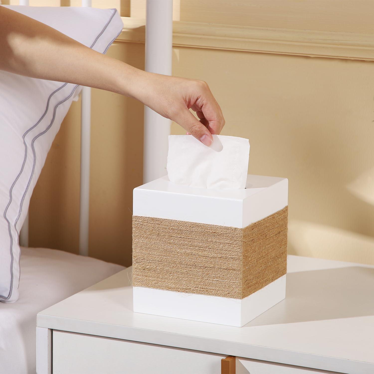 Tissue Box Cover, Wood Tissue Box Cover Square, Farmhouse Tissue Box Holder Covers Your Tissues, Decorative Tissue Cube Box Cover with Slide-Out Bottom (White)