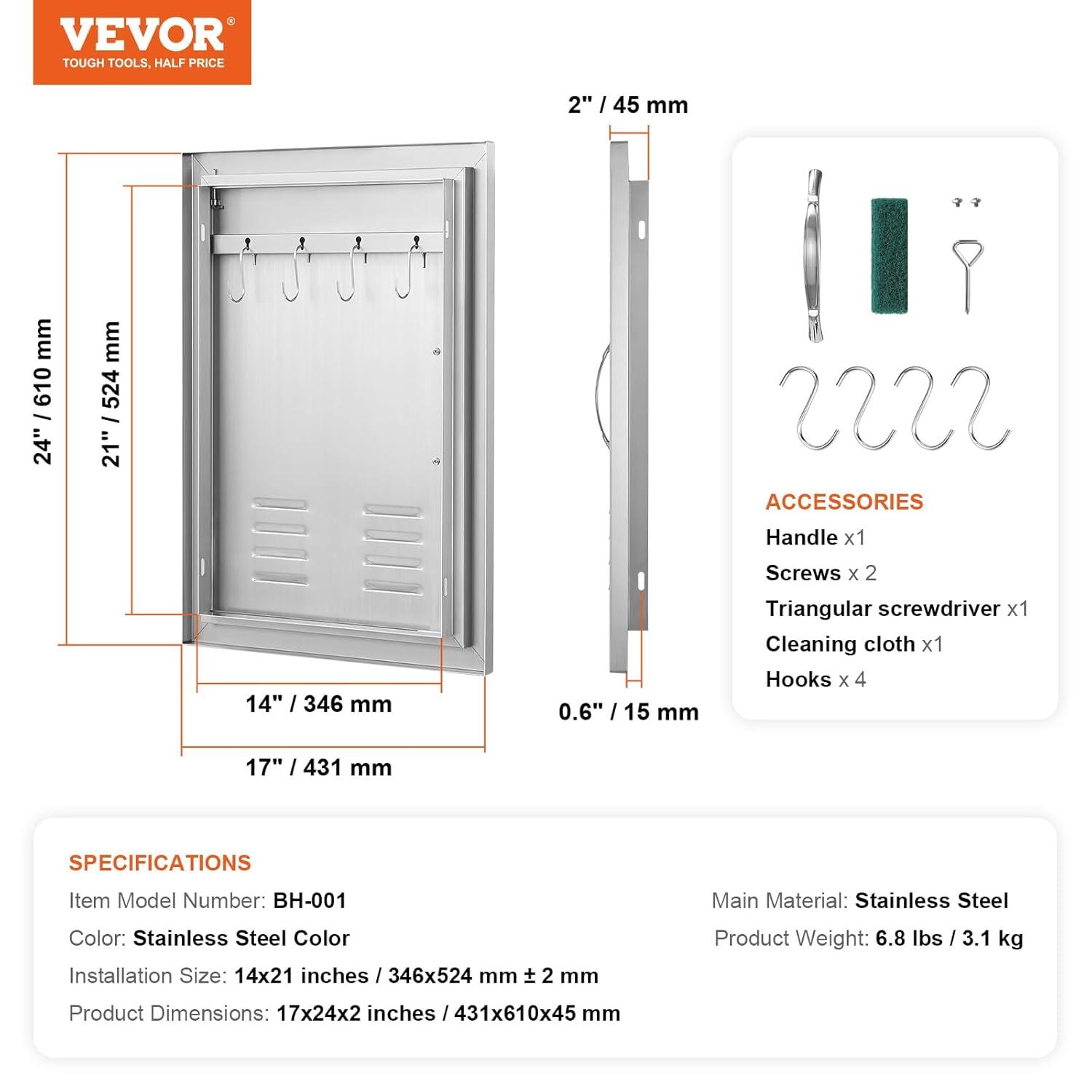 VEVOR Outdoor BBQ Kitchen Door - 14W x 20H Inch Stainless Steel Flush Mount Vertical Wall Door with Handle for Island, Grilling Station