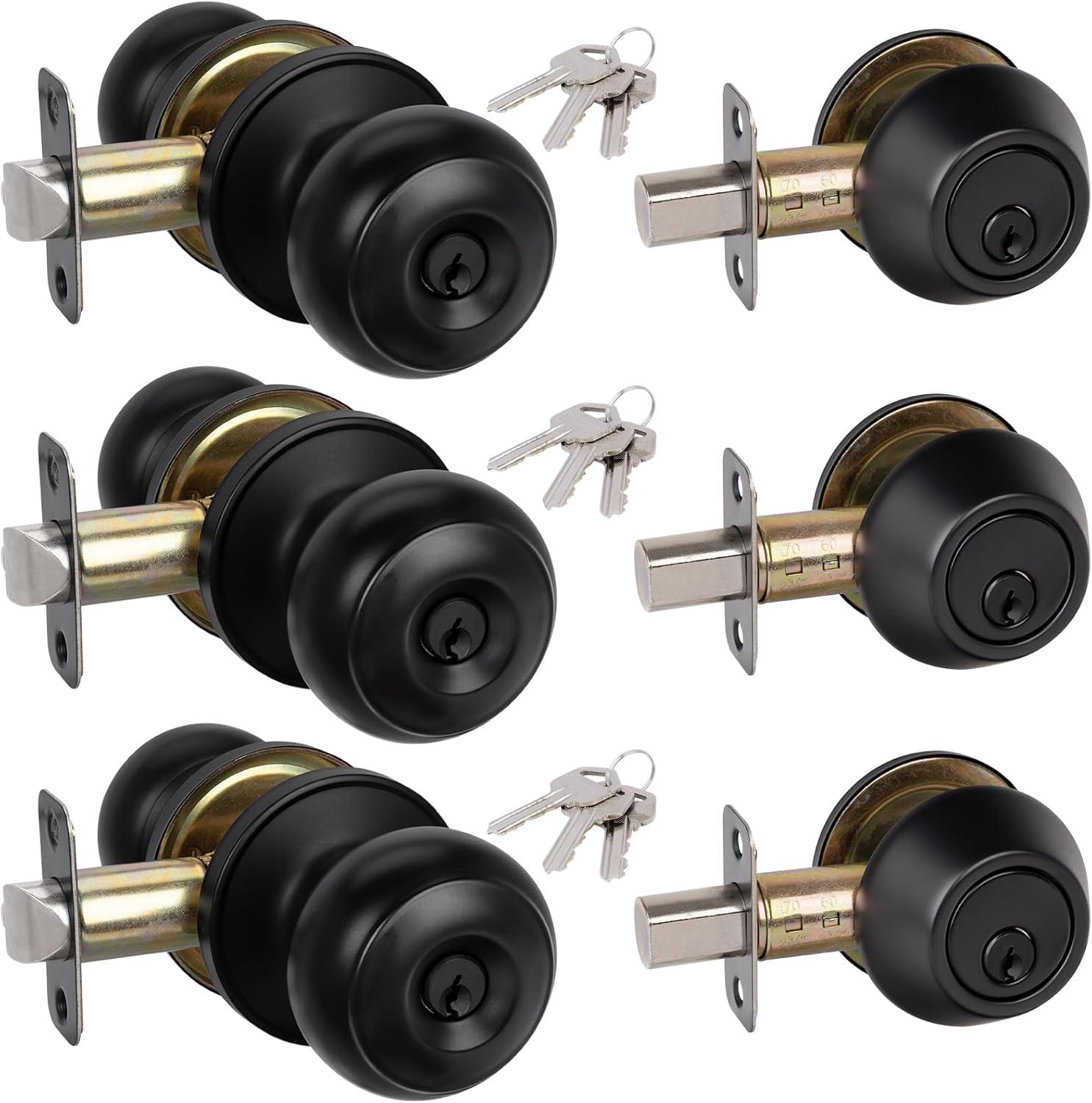 3 Pack Keyed Alike Entry Door Knobs and Single Cylinder Deadbolt Lock Combo Set Security for Entrance and Front Door with Classic Matte Black Finish